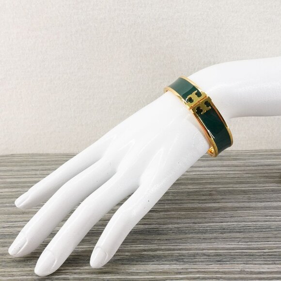 Tory Burch Enameled Kira Logo Hinged Bracelet Gold/ Green OS - Picture 7 of 12